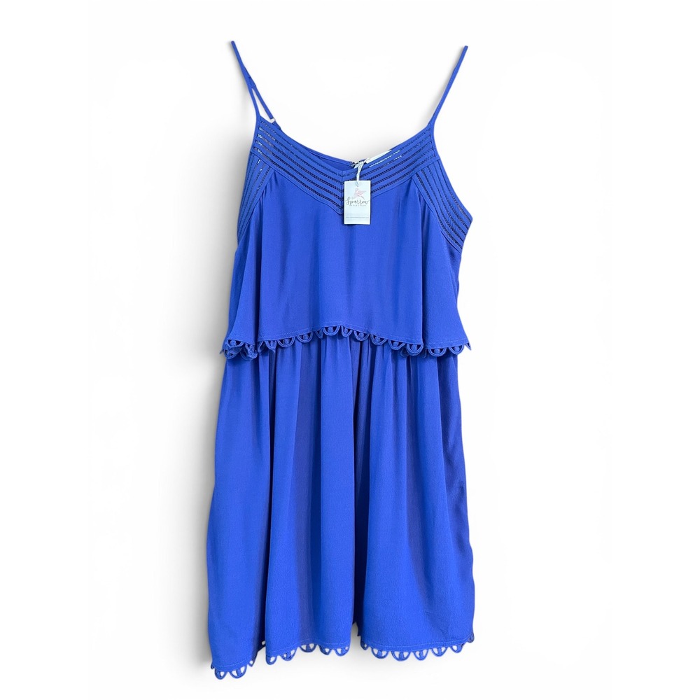 Sugarlips Mini Dress Womens L‎ NWT Cobalt Blue Tiered Cami Crochet Trim Boho